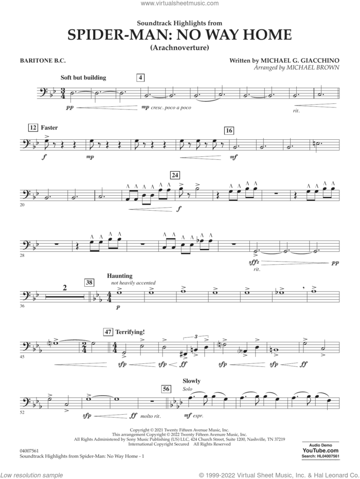 Soundtrack Highlights from Spider-Man: No Way Home (arr. Brown) sheet music for concert band (baritone b.c.) by Michael G. Giacchino and Michael Brown, intermediate skill level