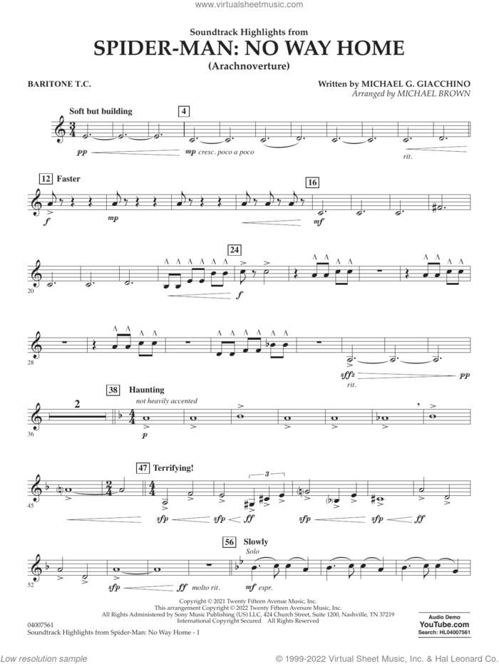 Soundtrack Highlights from Spider-Man: No Way Home (arr. Brown) sheet music for concert band (baritone t.c.) by Michael G. Giacchino and Michael Brown, intermediate skill level