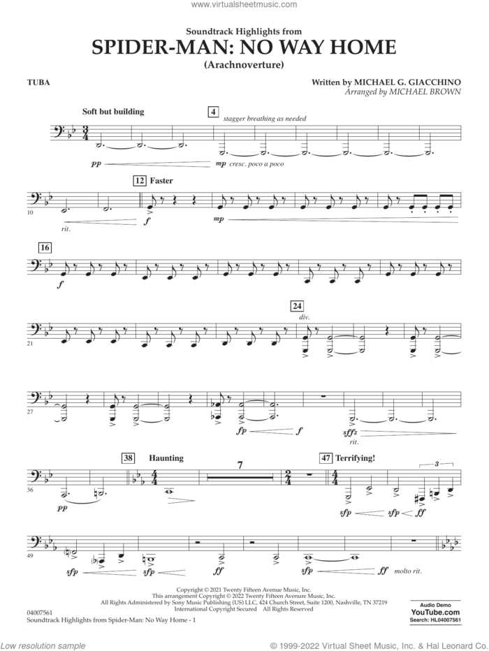 Soundtrack Highlights from Spider-Man: No Way Home (arr. Brown) sheet music for concert band (tuba) by Michael G. Giacchino and Michael Brown, intermediate skill level