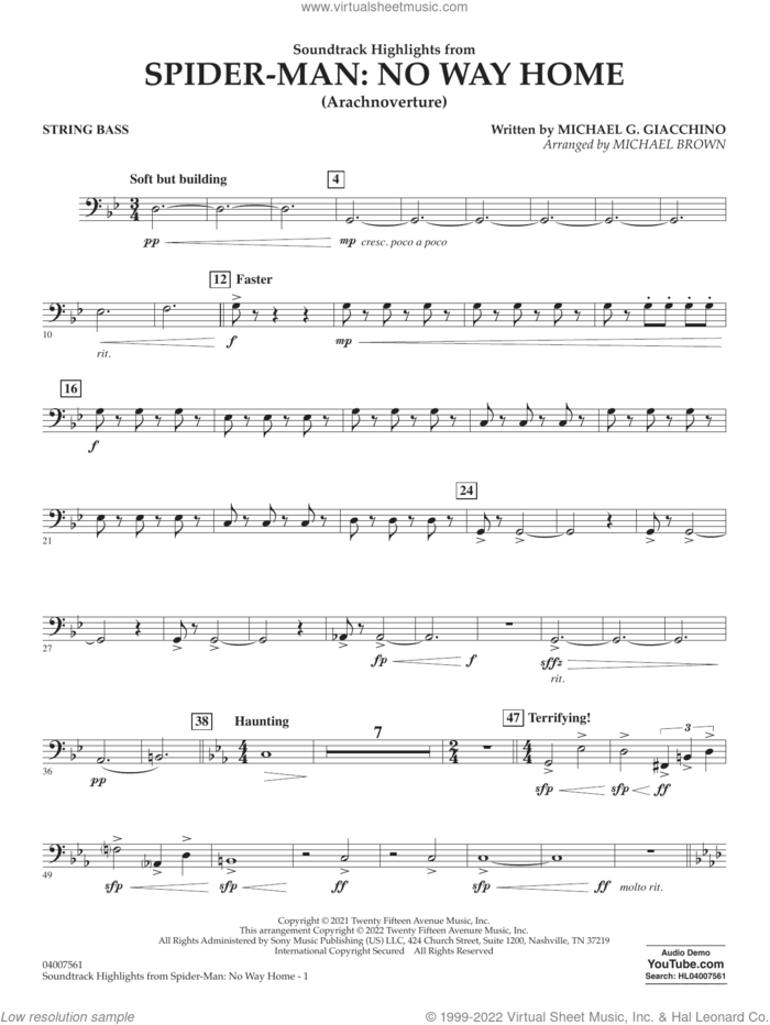 Soundtrack Highlights from Spider-Man: No Way Home (arr. Brown) sheet music for concert band (string bass) by Michael G. Giacchino and Michael Brown, intermediate skill level