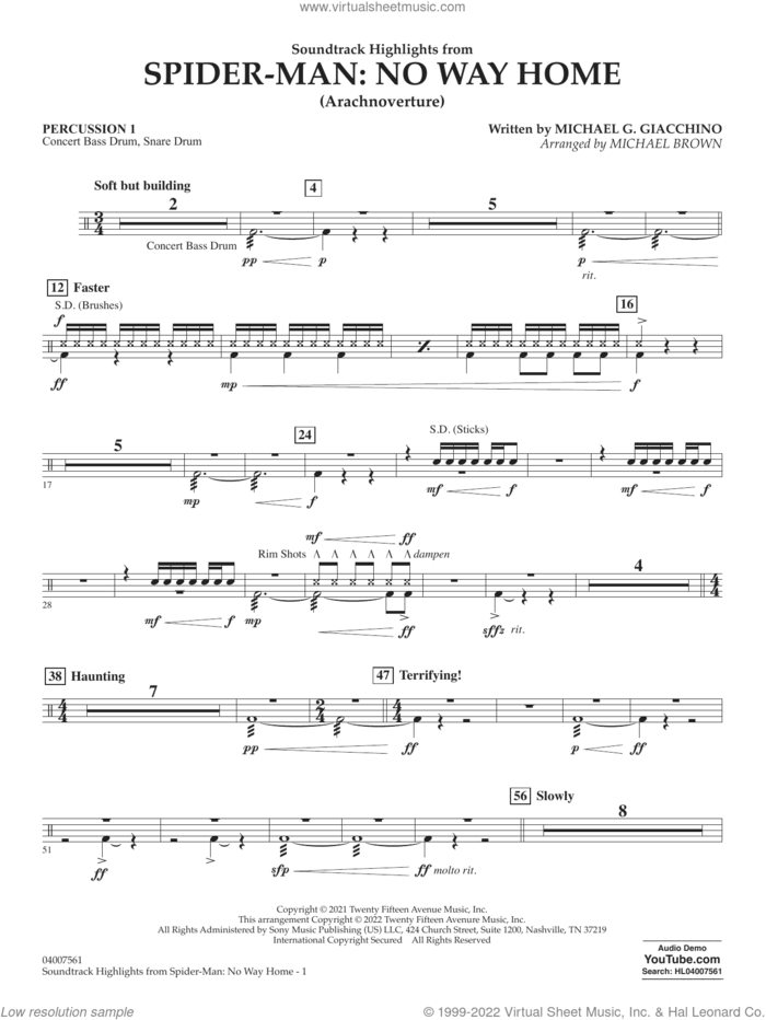 Soundtrack Highlights from Spider-Man: No Way Home (arr. Brown) sheet music for concert band (percussion 1) by Michael G. Giacchino and Michael Brown, intermediate skill level