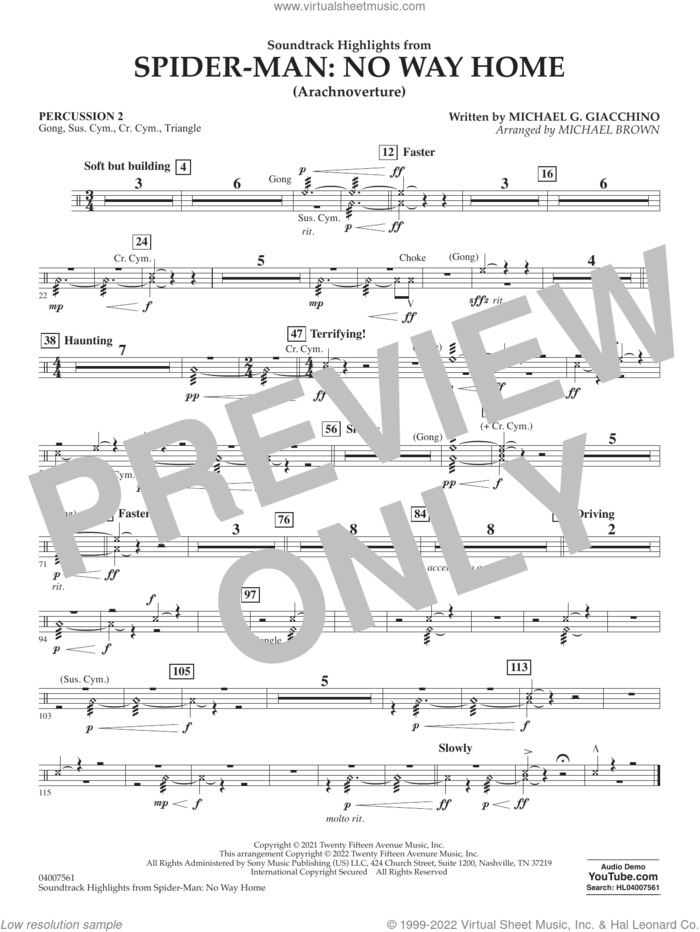 Soundtrack Highlights from Spider-Man: No Way Home (arr. Brown) sheet music for concert band (percussion 2) by Michael G. Giacchino and Michael Brown, intermediate skill level
