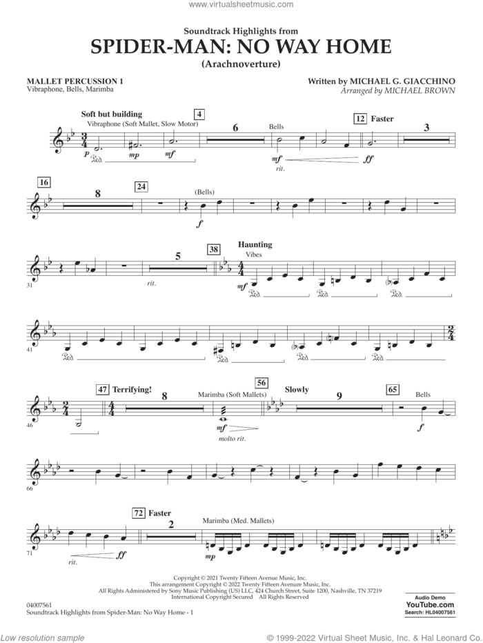 Soundtrack Highlights from Spider-Man: No Way Home (arr. Brown) sheet music for concert band (mallet percussion 1) by Michael G. Giacchino and Michael Brown, intermediate skill level
