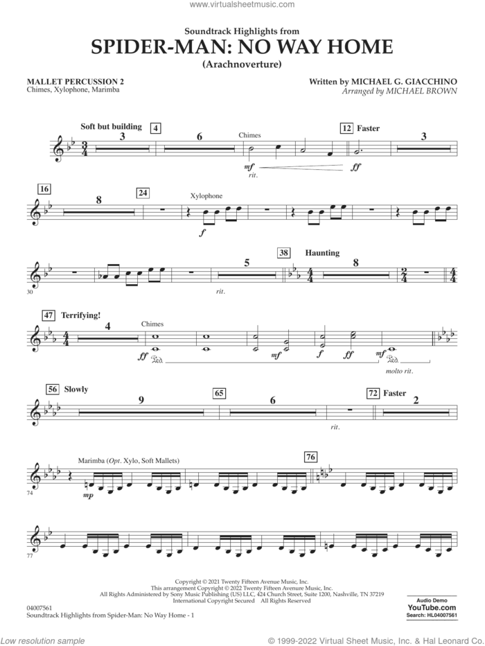 Soundtrack Highlights from Spider-Man: No Way Home (arr. Brown) sheet music for concert band (mallet percussion 2) by Michael G. Giacchino and Michael Brown, intermediate skill level