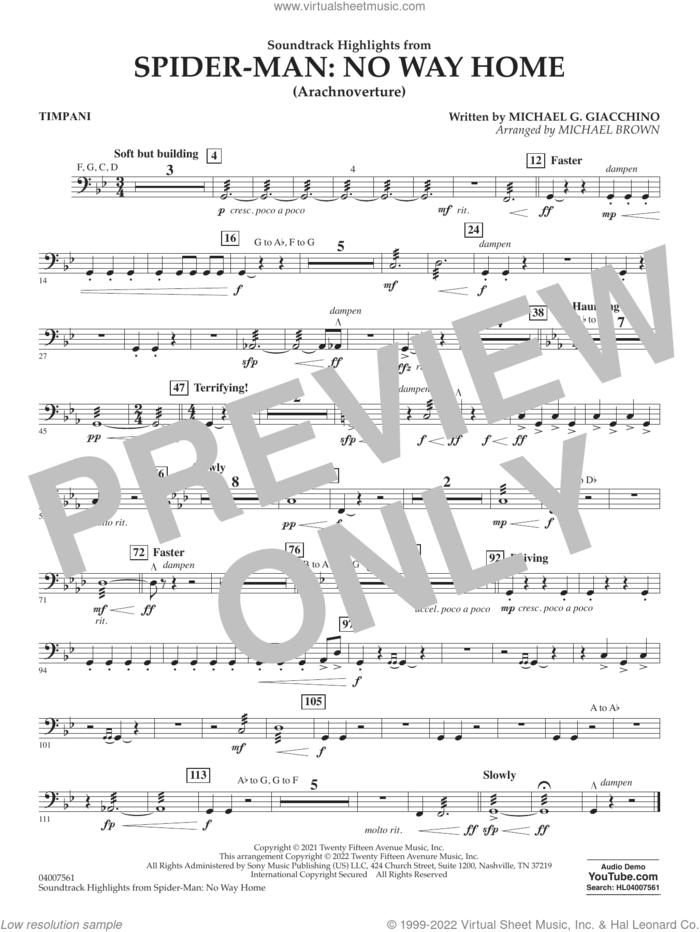 Soundtrack Highlights from Spider-Man: No Way Home (arr. Brown) sheet music for concert band (timpani) by Michael G. Giacchino and Michael Brown, intermediate skill level