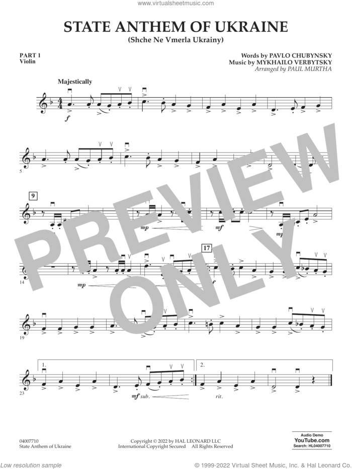 State Anthem of Ukraine (Shche Ne Vmerla Ukrainy) (arr. Murtha) sheet music for concert band (pt.1 - violin) by Pavlo Chubynsky and Mykhailo Verbytsky, Paul Murtha, Mykhailo Verbytsky and Pavlo Chubynsky, intermediate skill level