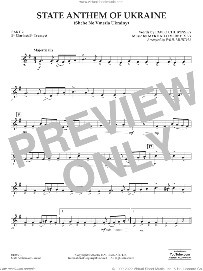 State Anthem of Ukraine (Shche Ne Vmerla Ukrainy) (arr. Murtha) sheet music for concert band (Bb clarinet/bb trumpet) by Pavlo Chubynsky and Mykhailo Verbytsky, Paul Murtha, Mykhailo Verbytsky and Pavlo Chubynsky, intermediate skill level
