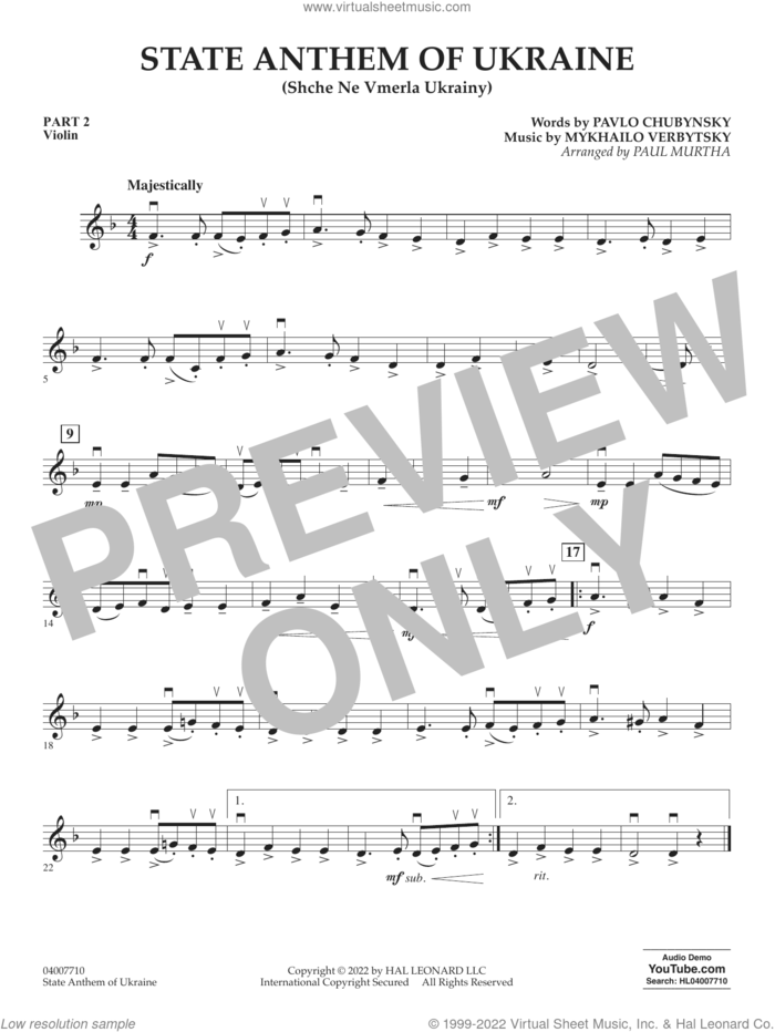 State Anthem of Ukraine (Shche Ne Vmerla Ukrainy) (arr. Murtha) sheet music for concert band (pt.2 - violin) by Pavlo Chubynsky and Mykhailo Verbytsky, Paul Murtha, Mykhailo Verbytsky and Pavlo Chubynsky, intermediate skill level
