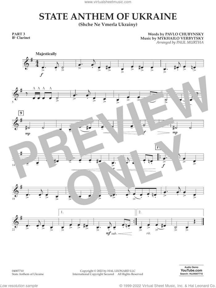 State Anthem of Ukraine (Shche Ne Vmerla Ukrainy) (arr. Murtha) sheet music for concert band (pt.3 - Bb clarinet) by Pavlo Chubynsky and Mykhailo Verbytsky, Paul Murtha, Mykhailo Verbytsky and Pavlo Chubynsky, intermediate skill level