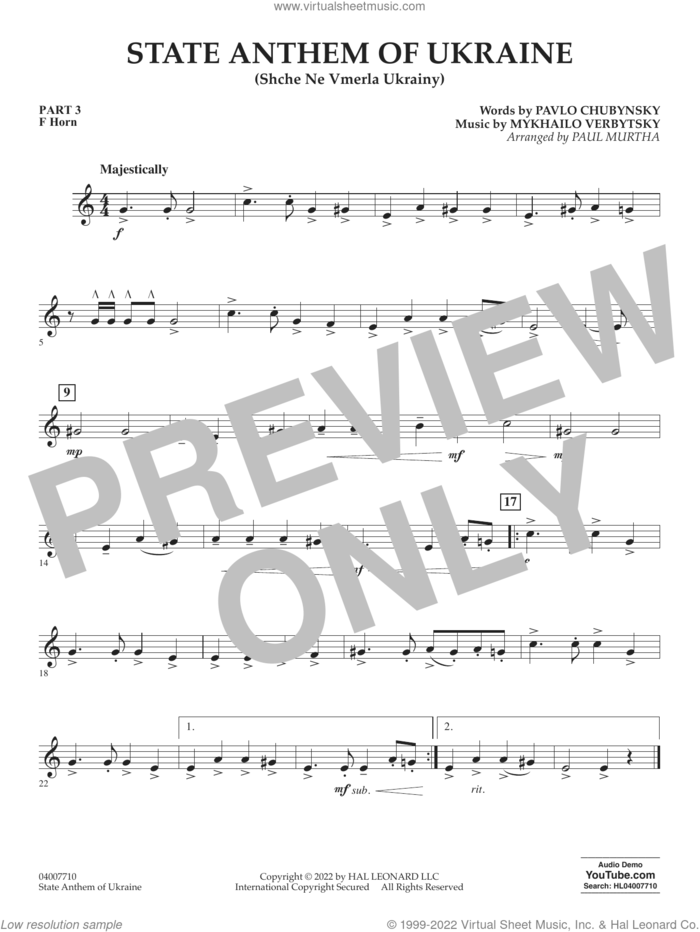 State Anthem of Ukraine (Shche Ne Vmerla Ukrainy) (arr. Murtha) sheet music for concert band (pt.3 - f horn) by Pavlo Chubynsky and Mykhailo Verbytsky, Paul Murtha, Mykhailo Verbytsky and Pavlo Chubynsky, intermediate skill level