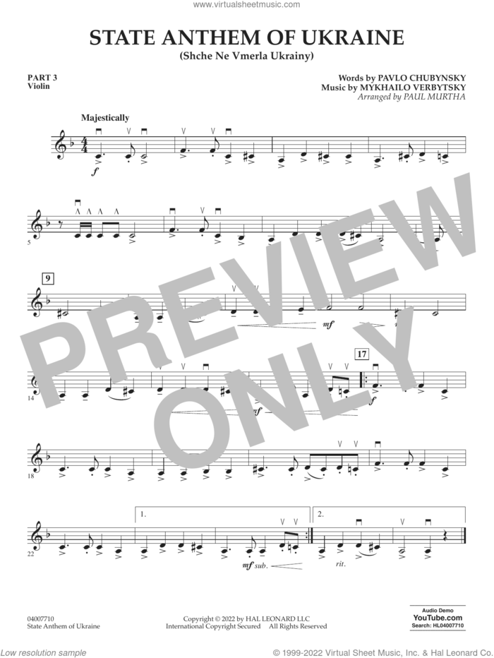 State Anthem of Ukraine (Shche Ne Vmerla Ukrainy) (arr. Murtha) sheet music for concert band (pt.3 - violin) by Pavlo Chubynsky and Mykhailo Verbytsky, Paul Murtha, Mykhailo Verbytsky and Pavlo Chubynsky, intermediate skill level