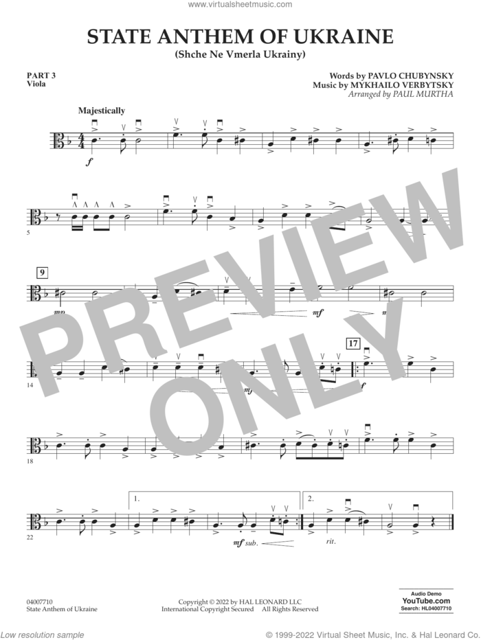 State Anthem of Ukraine (Shche Ne Vmerla Ukrainy) (arr. Murtha) sheet music for concert band (pt.3 - viola) by Pavlo Chubynsky and Mykhailo Verbytsky, Paul Murtha, Mykhailo Verbytsky and Pavlo Chubynsky, intermediate skill level