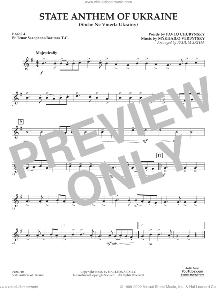 State Anthem of Ukraine (Shche Ne Vmerla Ukrainy) (arr. Murtha) sheet music for concert band (Bb tenor sax/bar. t.c.) by Pavlo Chubynsky and Mykhailo Verbytsky, Paul Murtha, Mykhailo Verbytsky and Pavlo Chubynsky, intermediate skill level