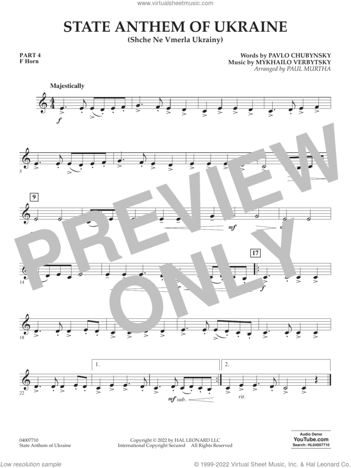 State Anthem of Ukraine (Shche Ne Vmerla Ukrainy) (arr. Murtha) sheet music for concert band (pt.4 - f horn) by Pavlo Chubynsky and Mykhailo Verbytsky, Paul Murtha, Mykhailo Verbytsky and Pavlo Chubynsky, intermediate skill level