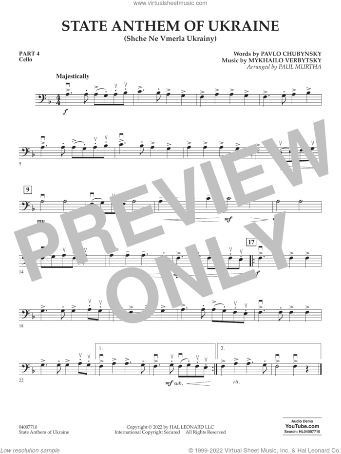 State Anthem of Ukraine (Shche Ne Vmerla Ukrainy) (arr. Murtha) sheet music for concert band (pt.4 - cello) by Pavlo Chubynsky and Mykhailo Verbytsky, Paul Murtha, Mykhailo Verbytsky and Pavlo Chubynsky, intermediate skill level