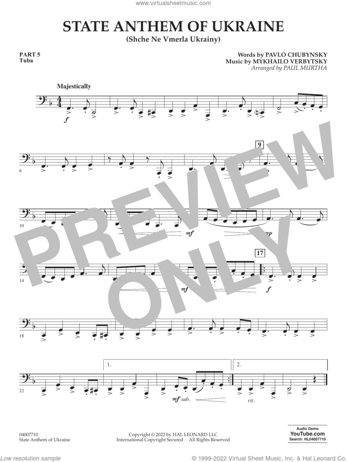 State Anthem of Ukraine (Shche Ne Vmerla Ukrainy) (arr. Murtha) sheet music for concert band (pt.5 - tuba) by Pavlo Chubynsky and Mykhailo Verbytsky, Paul Murtha, Mykhailo Verbytsky and Pavlo Chubynsky, intermediate skill level