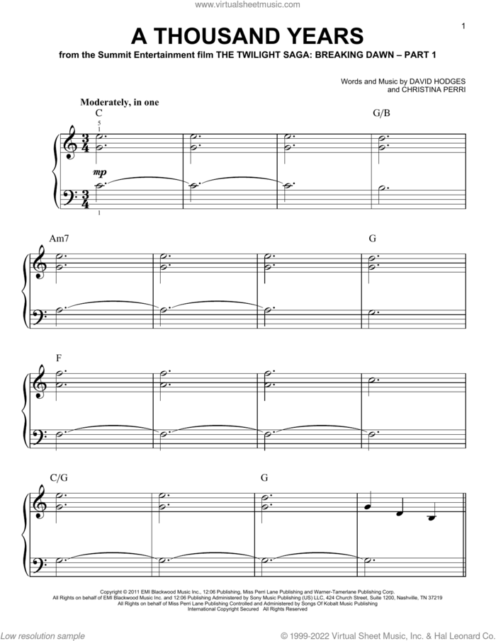 A Thousand Years sheet music for piano solo by Christina Perri and David Hodges, beginner skill level