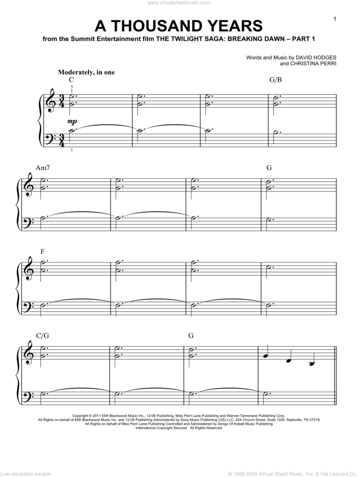 A Thousand Years sheet music for piano solo by Christina Perri and David Hodges, beginner skill level