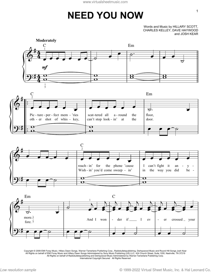 Need You Now sheet music for piano solo by Lady A, Charles Kelley, Dave Haywood, Hillary Scott and Josh Kear, beginner skill level