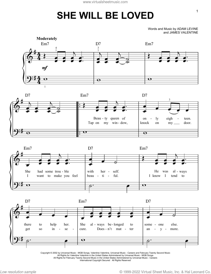 She Will Be Loved, (beginner) sheet music for piano solo by Maroon 5, Adam Levine and James Valentine, beginner skill level