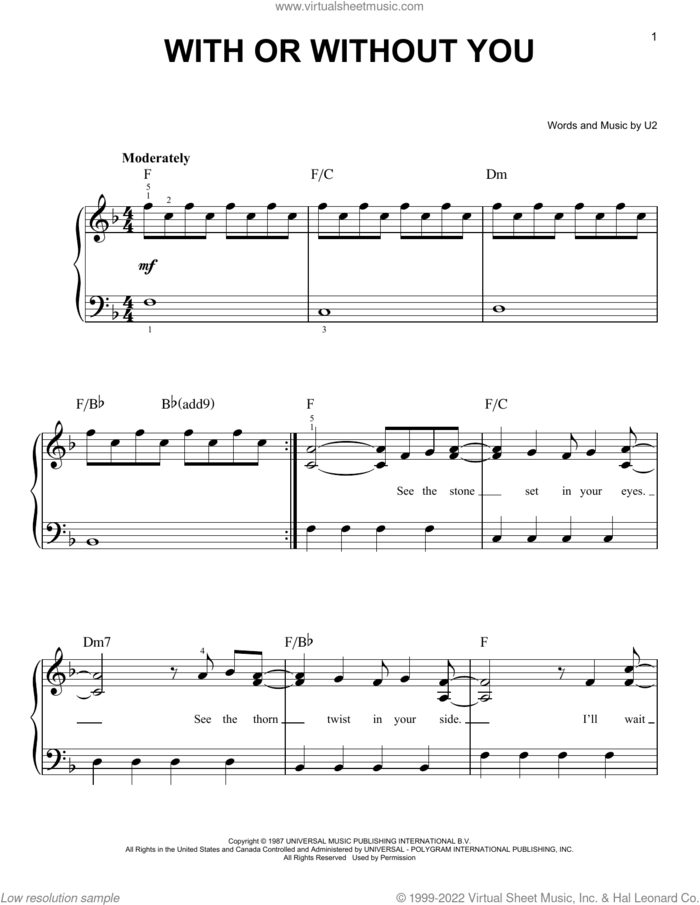 With Or Without You, (beginner) sheet music for piano solo by U2, beginner skill level