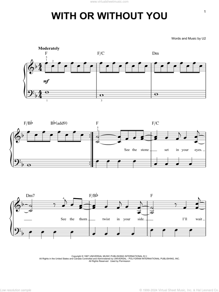 With Or Without You, (beginner) sheet music for piano solo by U2, beginner skill level