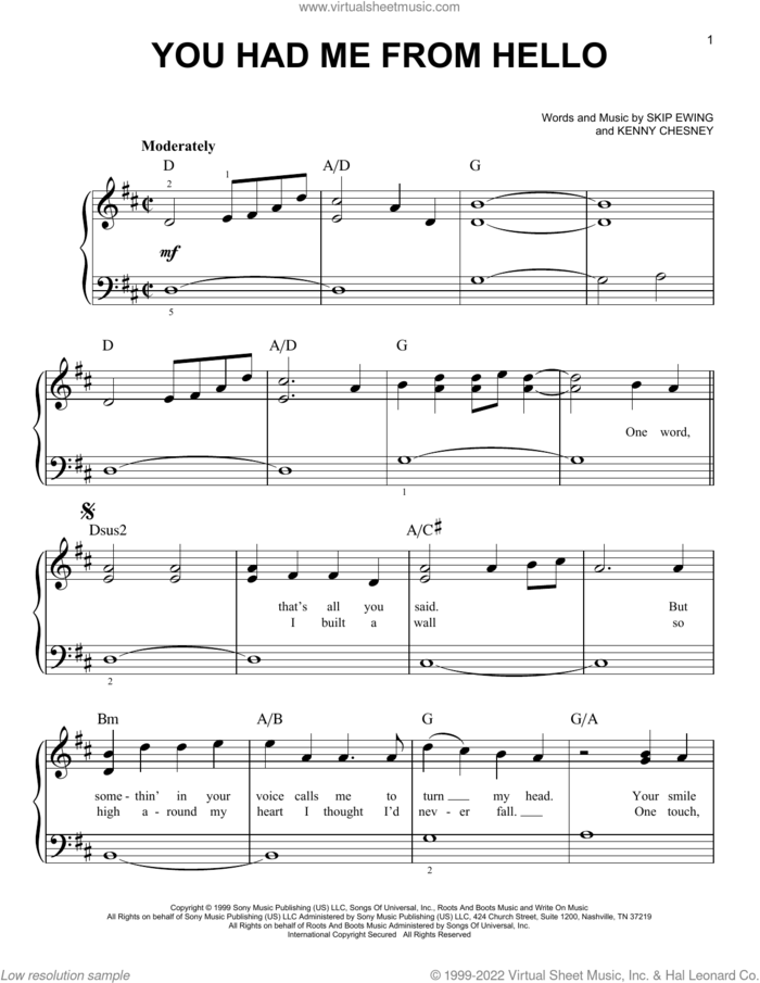 You Had Me From Hello sheet music for piano solo by Kenny Chesney and Skip Ewing, beginner skill level