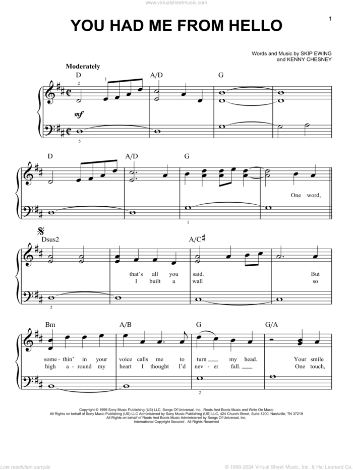 You Had Me From Hello sheet music for piano solo by Kenny Chesney and Skip Ewing, beginner skill level