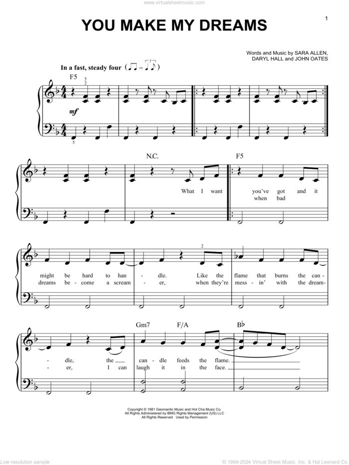 You Make My Dreams sheet music for piano solo by Daryl Hall & John Oates, Daryl Hall, John Oates and Sara Allen, beginner skill level