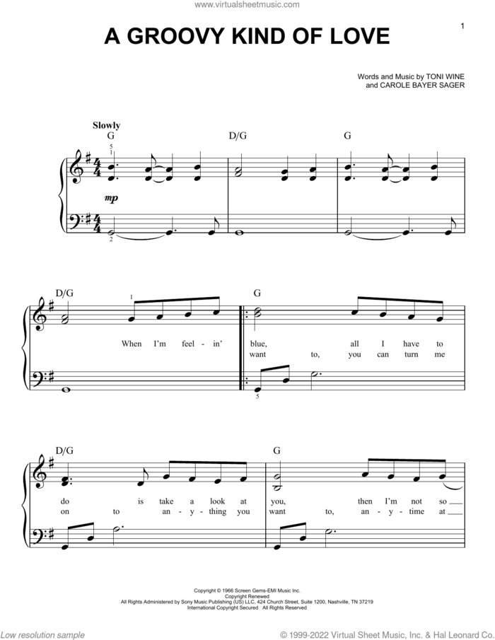 A Groovy Kind Of Love sheet music for piano solo by Phil Collins, The Mindbenders, Carole Bayer Sager and Toni Wine, beginner skill level