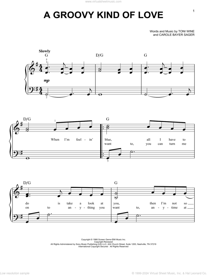 A Groovy Kind Of Love sheet music for piano solo by Phil Collins, The Mindbenders, Carole Bayer Sager and Toni Wine, beginner skill level