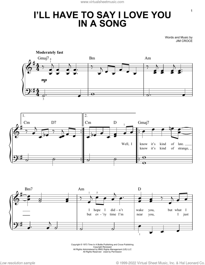 I'll Have To Say I Love You In A Song sheet music for piano solo by Jim Croce, beginner skill level