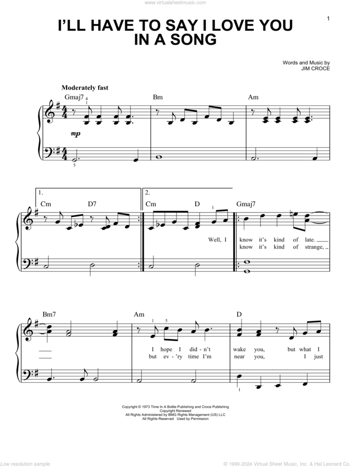 I'll Have To Say I Love You In A Song sheet music for piano solo by Jim Croce, beginner skill level