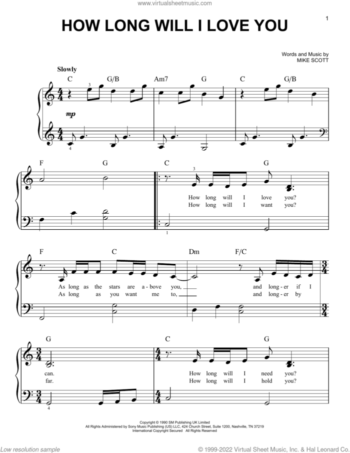 How Long Will I Love You, (beginner) sheet music for piano solo by Ellie Goulding and Mike Scott, wedding score, beginner skill level