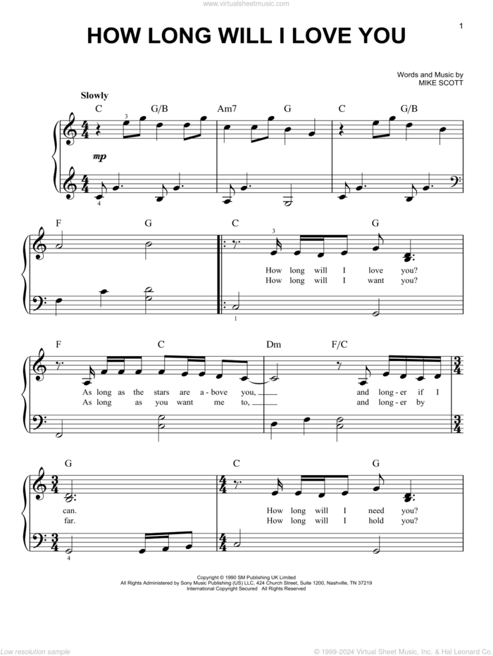 How Long Will I Love You sheet music for piano solo by Ellie Goulding and Mike Scott, wedding score, beginner skill level