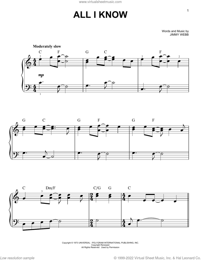 All I Know sheet music for piano solo by Art Garfunkel and Jimmy Webb, beginner skill level