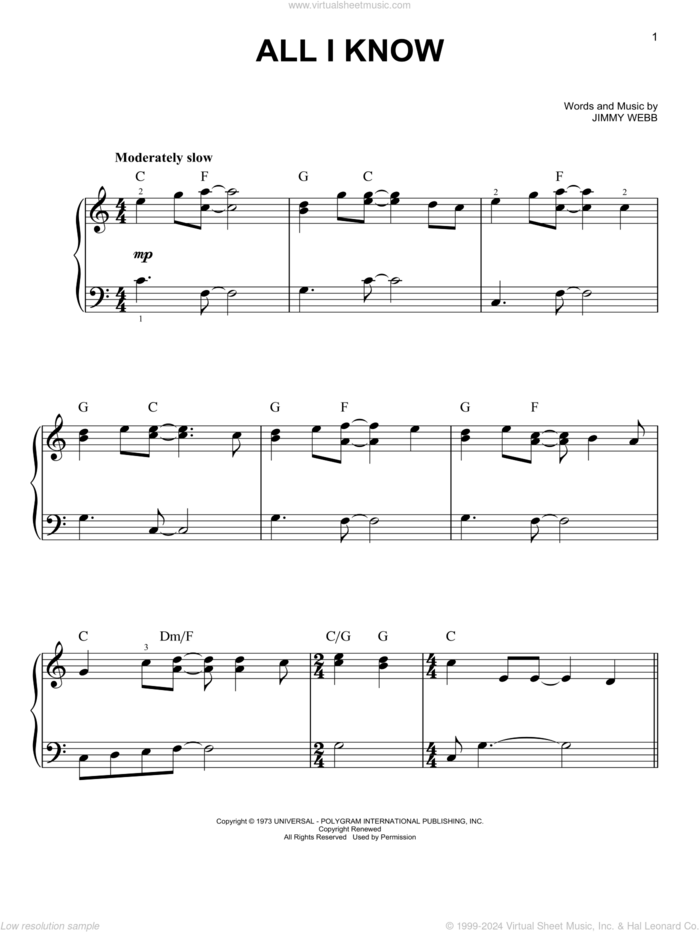 All I Know sheet music for piano solo by Art Garfunkel and Jimmy Webb, beginner skill level