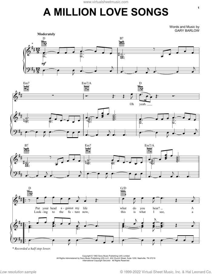 A Million Love Songs sheet music for voice, piano or guitar by Take That and Gary Barlow, intermediate skill level