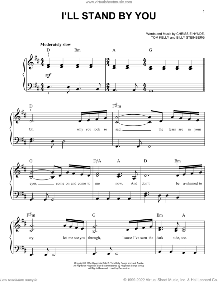 I'll Stand By You sheet music for piano solo by Pretenders, Billy Steinberg, Chrissie Hynde and Tom Kelly, beginner skill level