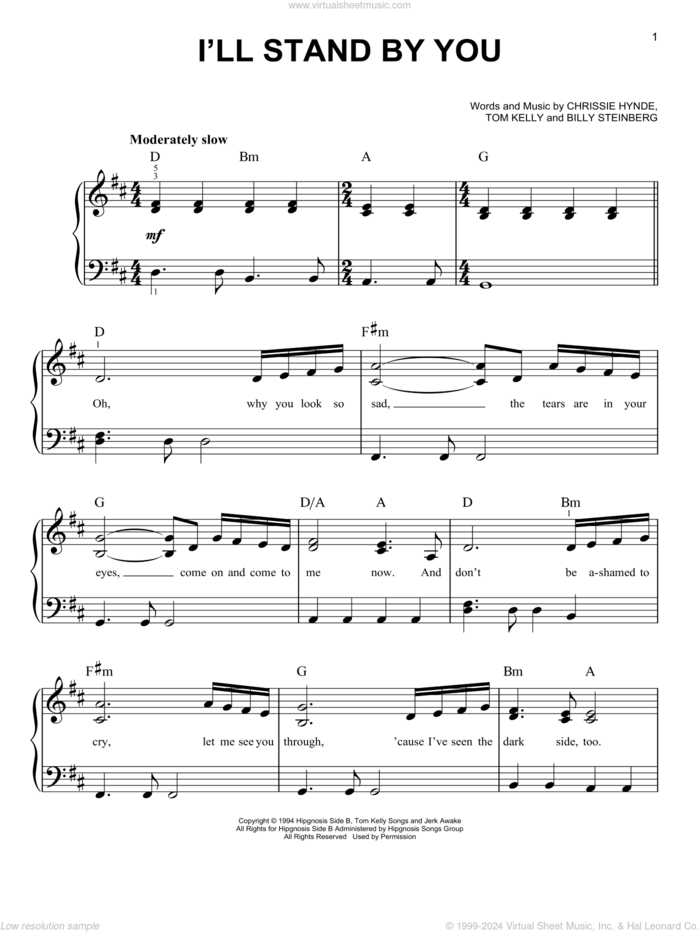 I'll Stand By You sheet music for piano solo by Pretenders, Billy Steinberg, Chrissie Hynde and Tom Kelly, beginner skill level