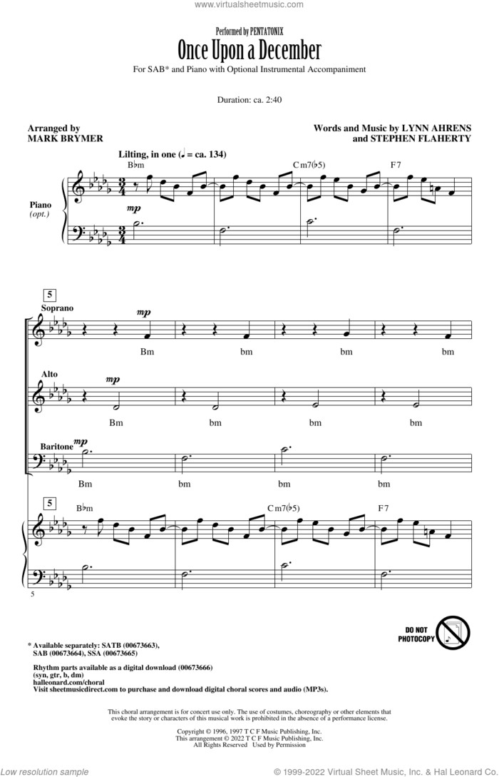 Once Upon A December (from Anastasia) (arr. Mark Brymer) sheet music for choir (SAB: soprano, alto, bass) by Pentatonix, Mark Brymer, Lynn Ahrens and Stephen Flaherty, intermediate skill level