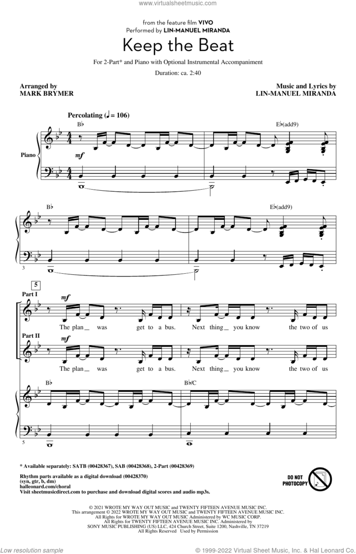 Keep The Beat (from Vivo) (arr. Mark Brymer) sheet music for choir (2-Part) by Lin-Manuel Miranda and Mark Brymer, intermediate duet