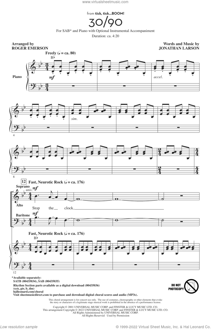30/90 (from tick, tick... BOOM!) (arr. Roger Emerson) sheet music for choir (SAB: soprano, alto, bass) by Jonathan Larson and Roger Emerson, intermediate skill level