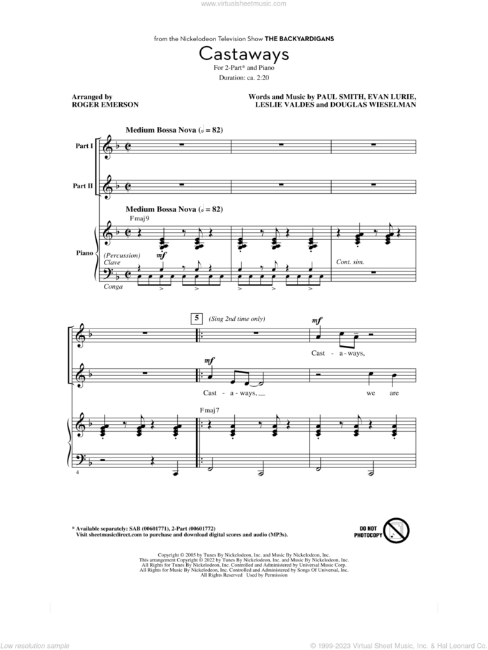 Castaways (arr. Roger Emerson) sheet music for choir (2-Part) by The Backyardigans, Roger Emerson, Douglas Wieselman, Evan Lurie, Leslie Valdes and Paul Smith, intermediate duet