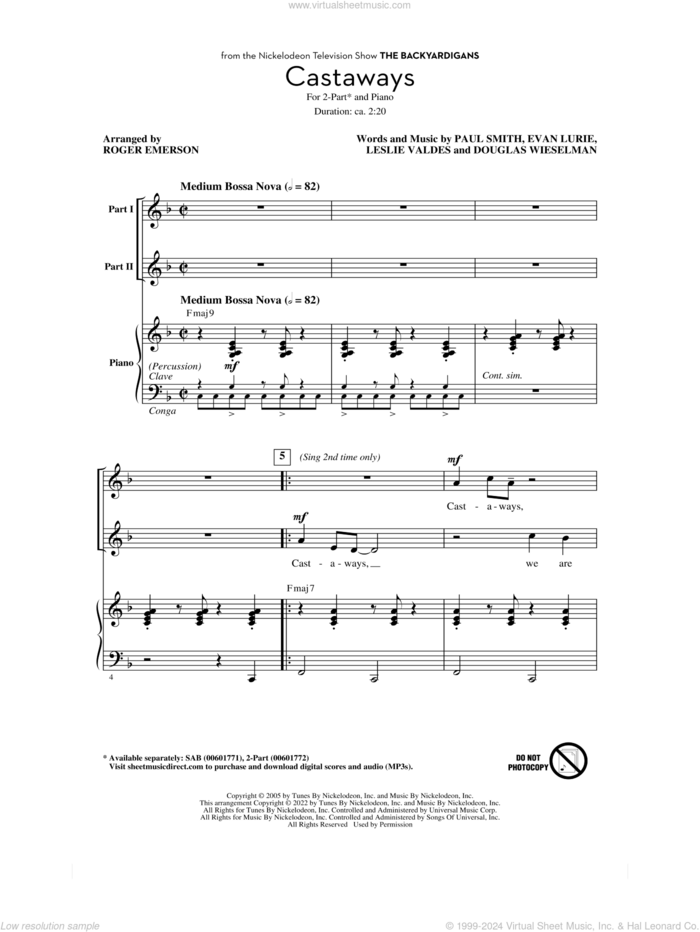 Castaways (arr. Roger Emerson) sheet music for choir (2-Part) by The Backyardigans, Roger Emerson, Douglas Wieselman, Evan Lurie, Leslie Valdes and Paul Smith, intermediate duet