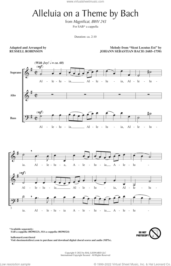 Alleluia On A Theme By Bach (from Magnificat, BWV 243) (arr. Russell Robinson) sheet music for choir (SAB: soprano, alto, bass) by Johann Sebastian Bach and Russell Robinson, intermediate skill level