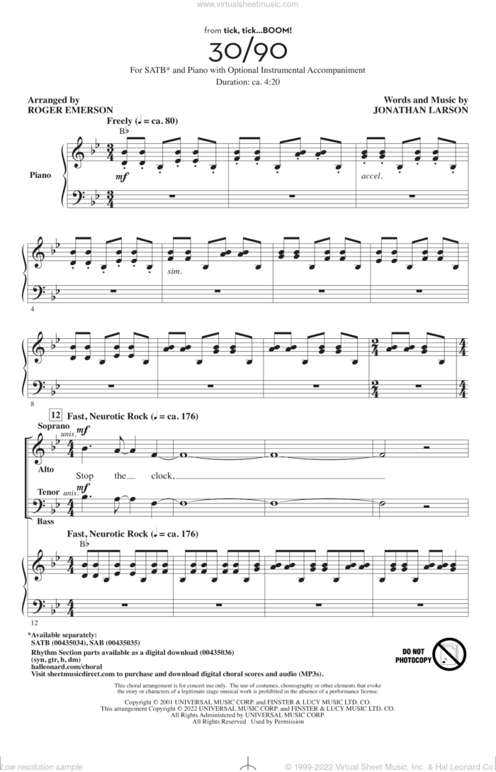 30/90 (from tick, tick... BOOM!) (arr. Roger Emerson) sheet music for choir (SATB: soprano, alto, tenor, bass) by Jonathan Larson and Roger Emerson, intermediate skill level