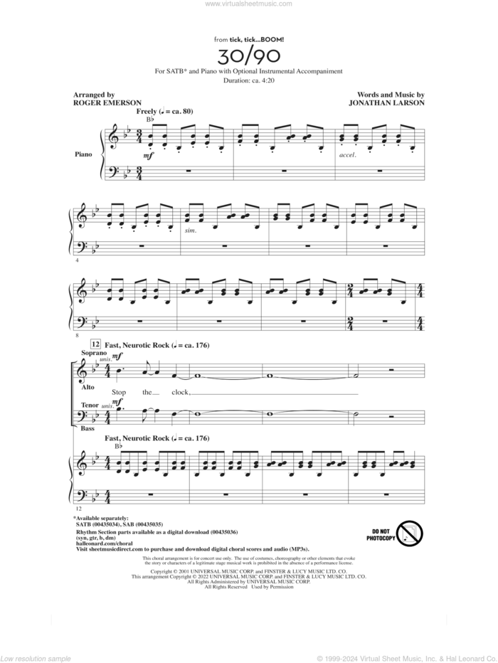 30/90 (from tick, tick... BOOM!) (arr. Roger Emerson) sheet music for choir (SATB: soprano, alto, tenor, bass) by Jonathan Larson and Roger Emerson, intermediate skill level