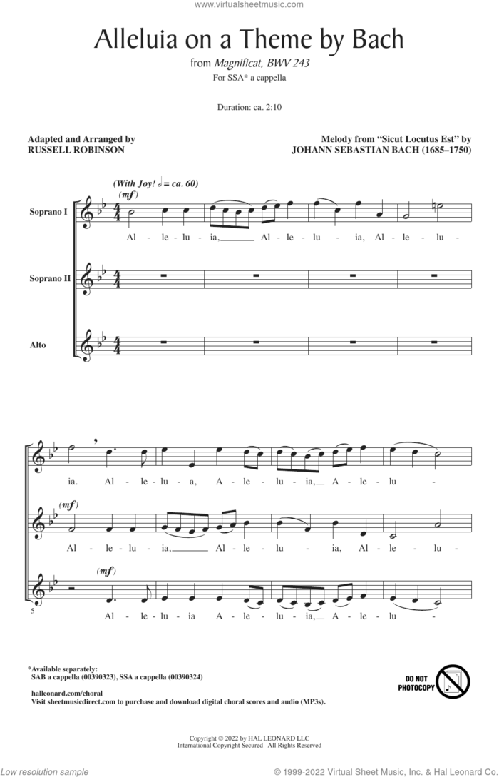Alleluia On A Theme By Bach (from Magnificat, BWV 243) (arr. Russell Robinson) sheet music for choir (SSA: soprano, alto) by Johann Sebastian Bach and Russell Robinson, intermediate skill level