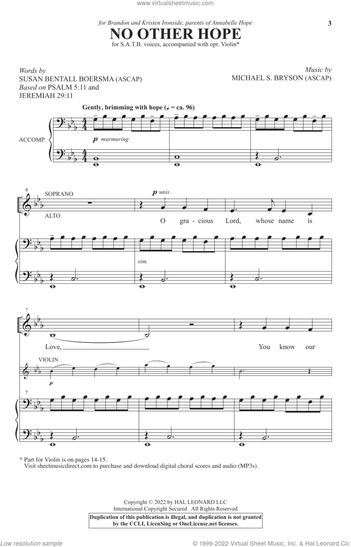 No Other Hope sheet music for choir (SATB: soprano, alto, tenor, bass) by Susan Bentall Boersma and Michael S. Bryson, Michael S. Bryson and Susan Bentall Boersma, intermediate skill level